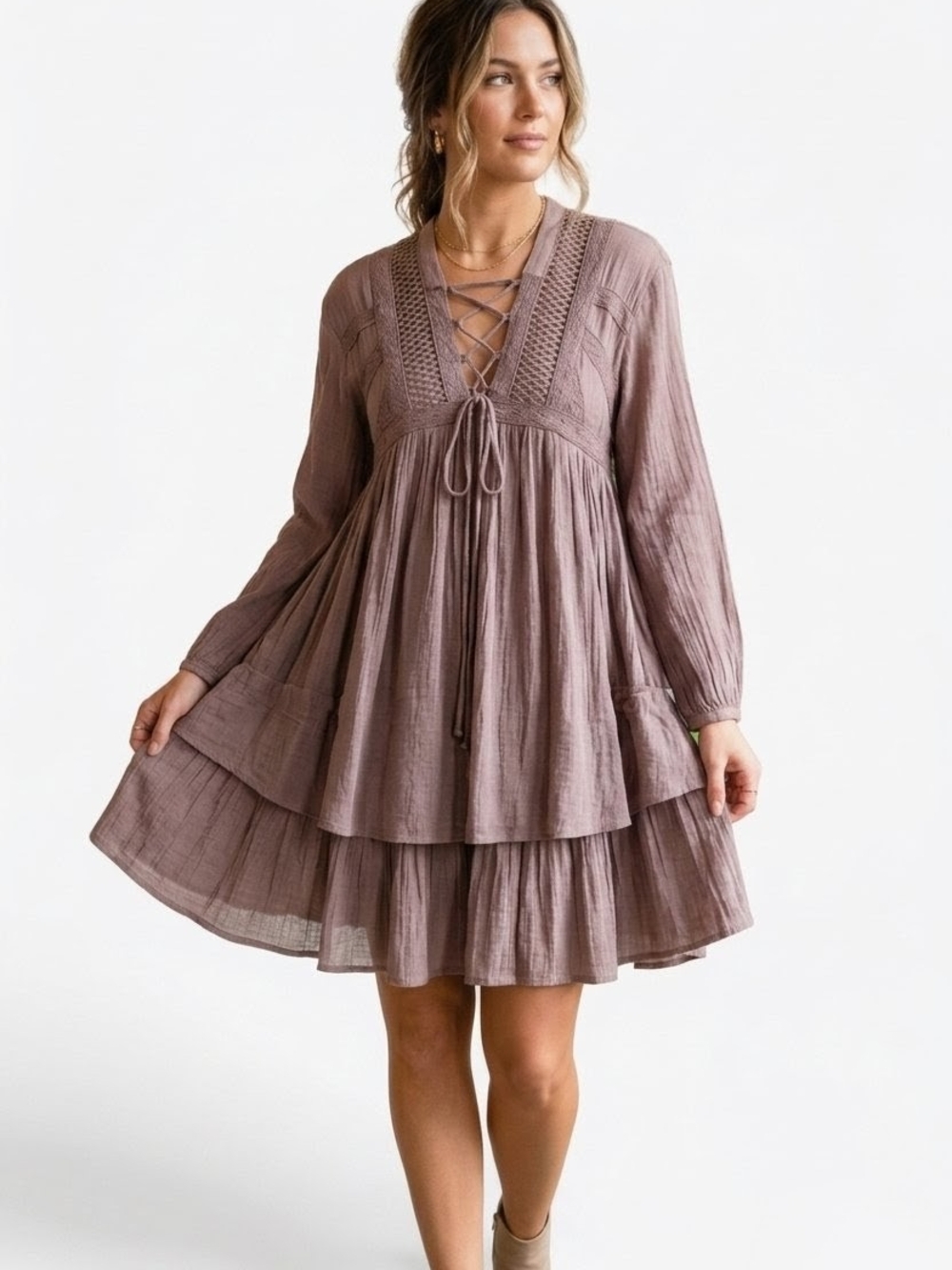 Sun & Shadow Boho Tiered Babydoll Mini Dress Mauve Lace Up Long Sleeve Size XS